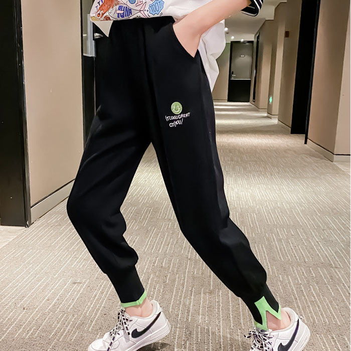 Girls Joggers Long Pants Pockets Outdoor Casual Trousers Smiley-Black