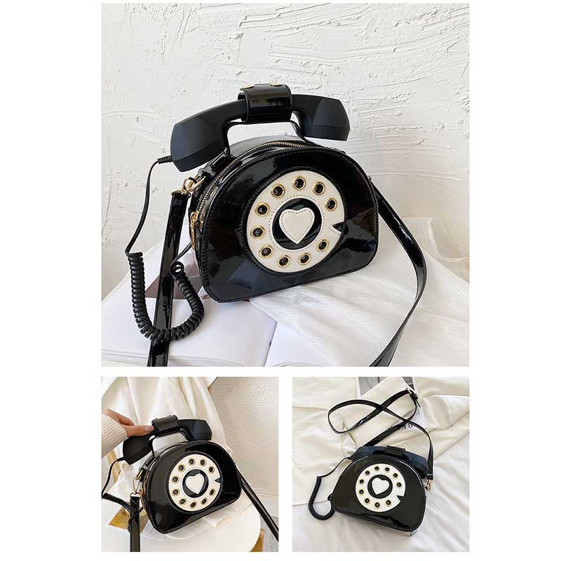Women Telephone Shaped Handbag Retro Phone Top-Handle Crossbody Bags-Black