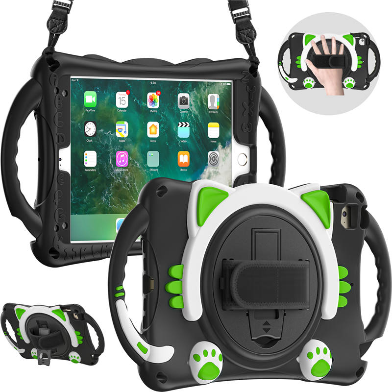 CatA iPad Silicone Case For iPad Mini 5 4 3 2 1 Built-in Handle Stand With a Strap-Black Green