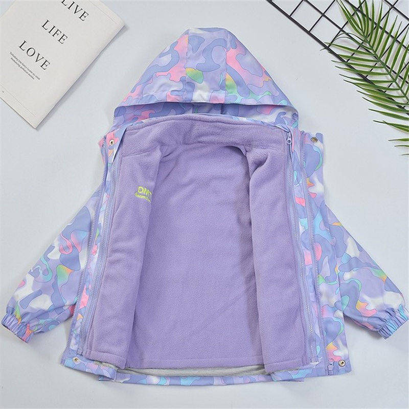 Girls Outdoor Jacket Floral Fleece Removable Light Windproof with Hood-Purple