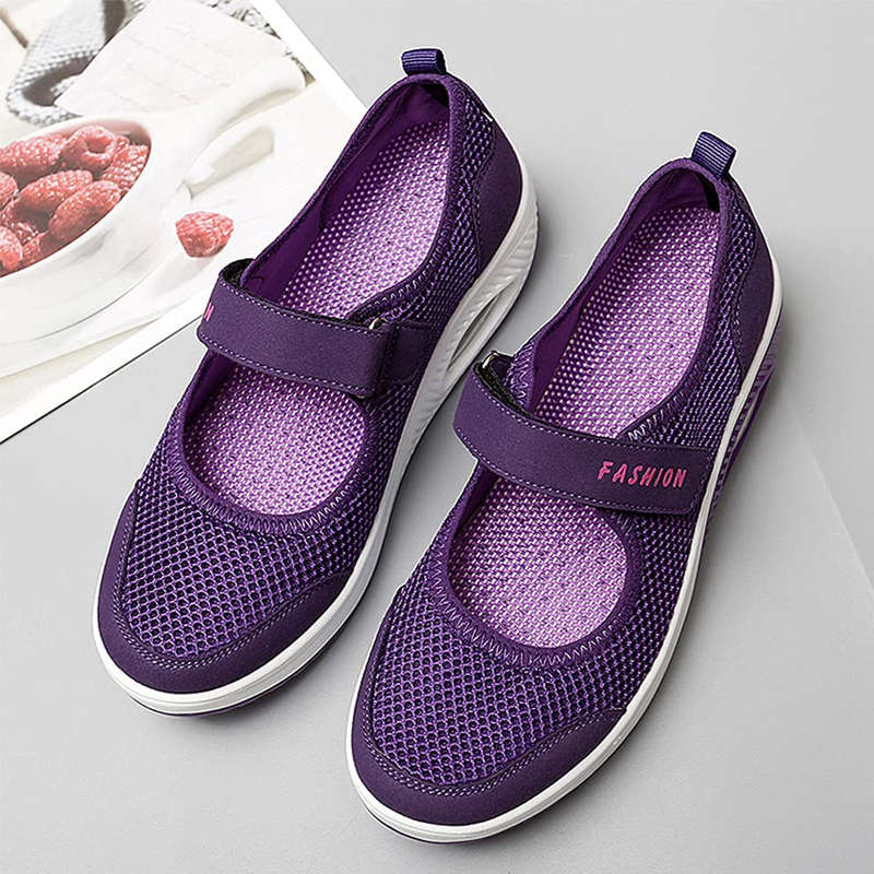Women Casual Air Cushion Sneakers Velcro Mary Jane Shoes-Purple