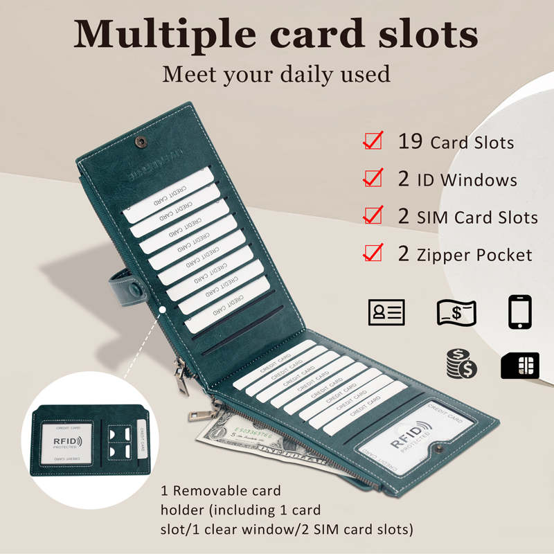 Womens Wallet RFID Blocking Credit Card Holder Large Capacity Bifold Multi Card Case with Zipper Pocket-PeacockBlue
