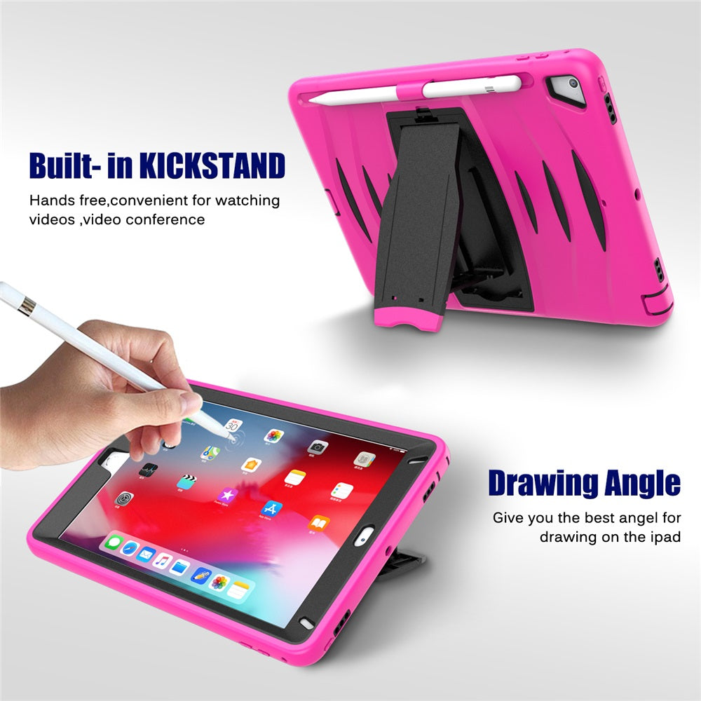 Shock Wave Kickstand Case Anti-Fall Protection With Pencil Holder For 9.7inch iPad 5/iPad 6/iPad Air2/iPad Pro9.7-Rose Red
