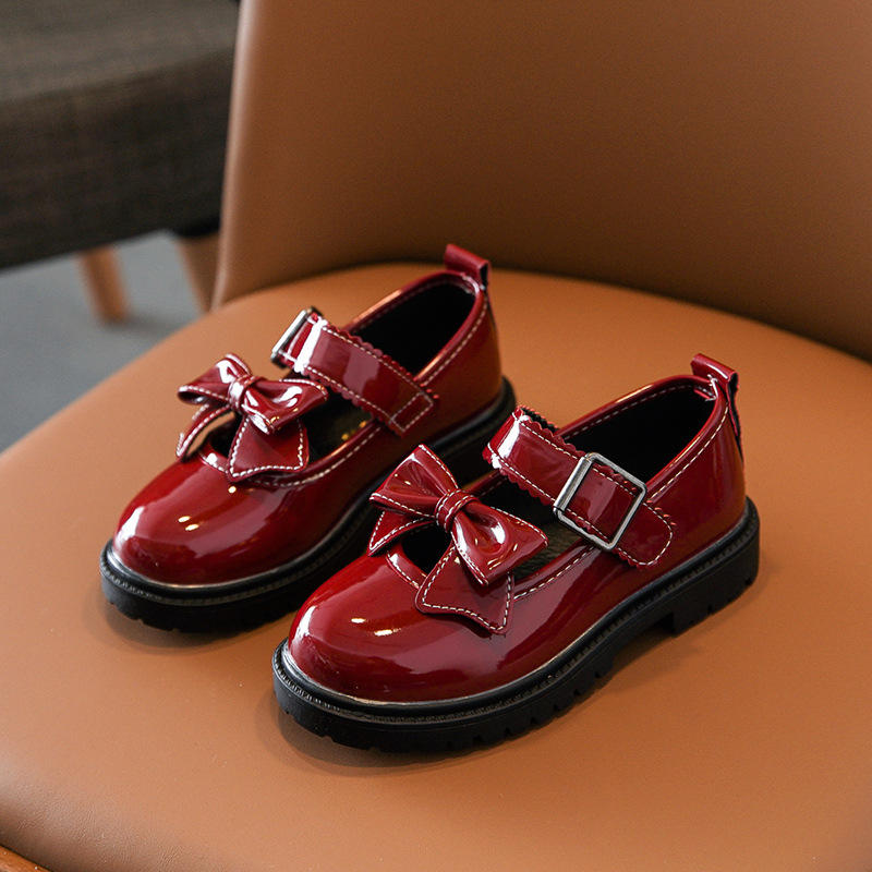 Girls Bowknot Mary Jane Shoes Hook & Loop Wedding Party Flats-Wine Red