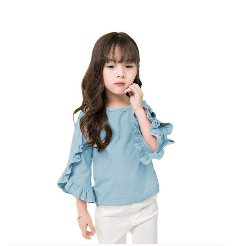 Little Girls Ruffle Bat T Shirt Pullover Autumn Spring Princess Tops-Gray Blue