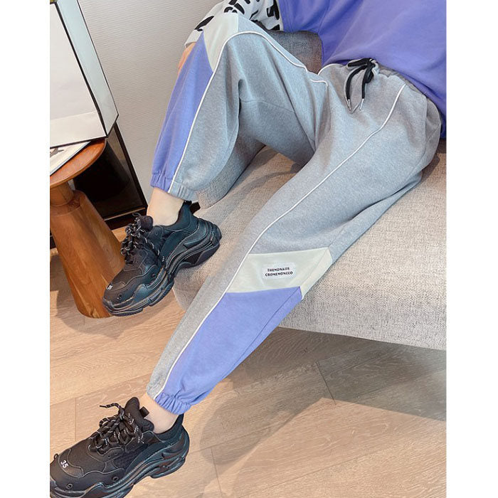 Girls Joggers Long Pants Pockets Outdoor Casual Trousers with Drawstring Three-color Stitching-Gray