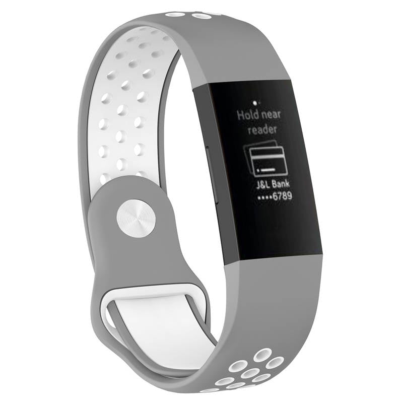 Double Color Porous Breathable Watch Band Silicone Wristband For Fitbit Charge 3 Sport Smartwatch -Gray White