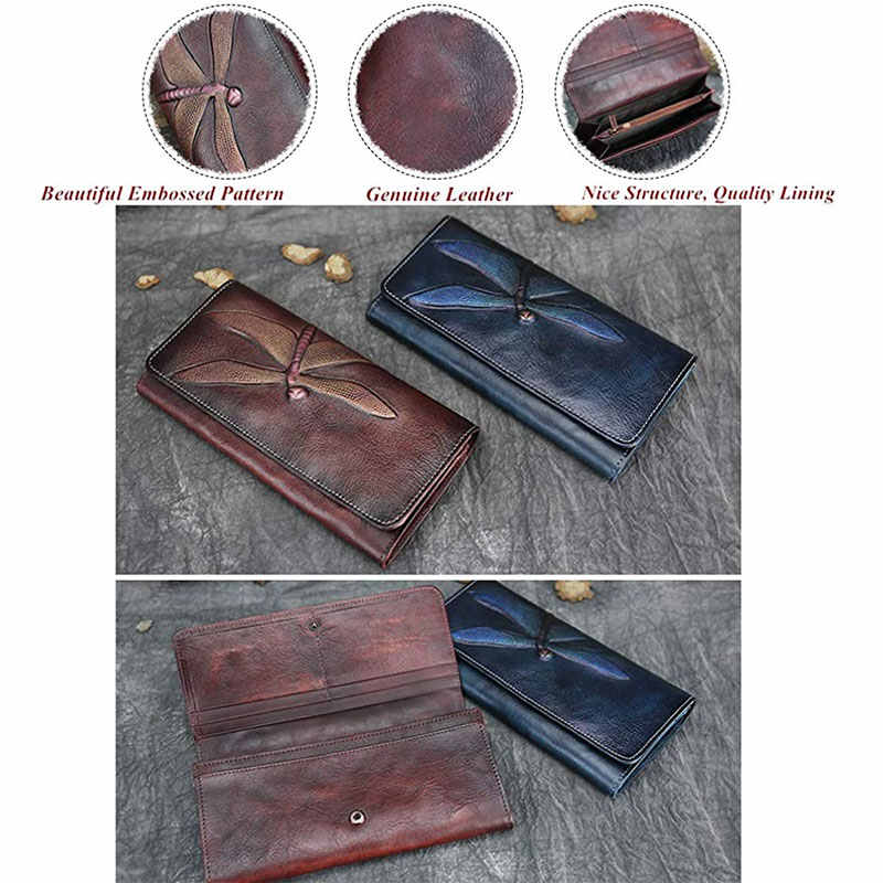 Slim Wallets for Women Embossed Dragonfly Leather Wallet Cellphone Clutch-DarkBlue