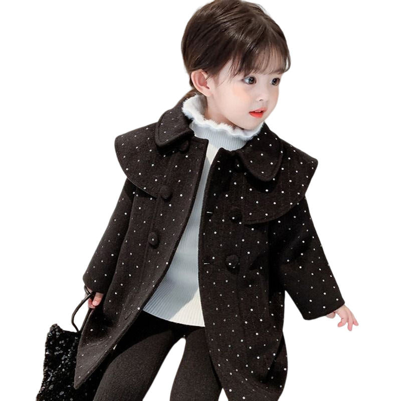 Girls Woolen Dress Coat Kids Warm Jacket Long Sleeve Button Trench 2-8 Years-Black