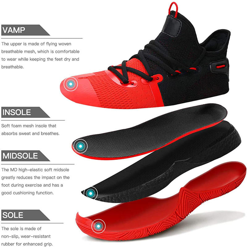 Boys Basketball Shoes Non-Slip Girls Sneakers Durable Kids Running Shoes-BlackRed