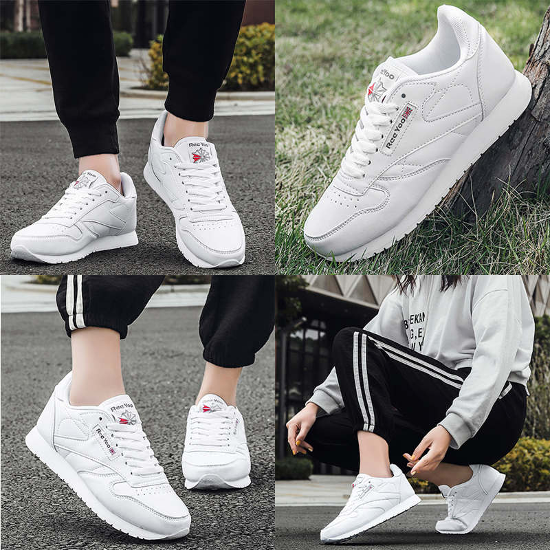 Couples Leather Sneakers Lace up Lightweight Cushioned Sport Shoes-White