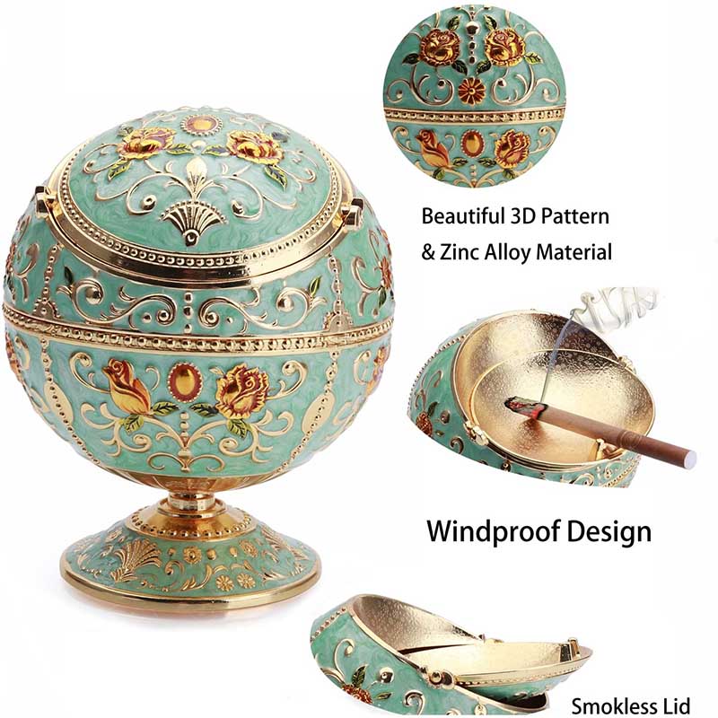 Windproof Ashtray with Lid Metal Portable Cigarettes Ashtray for Outdoors Indoors Hand Stamped Pattern Smoking Ashtray Fancy Gift -Jade Green