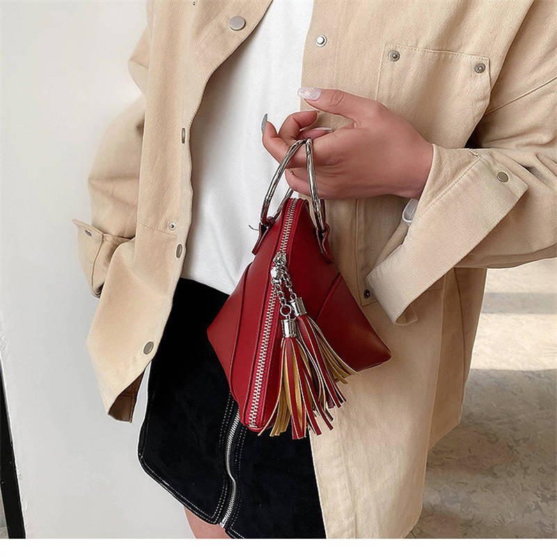 Women Cute Tassel Clutch PU Leather Triangle Bags-Red