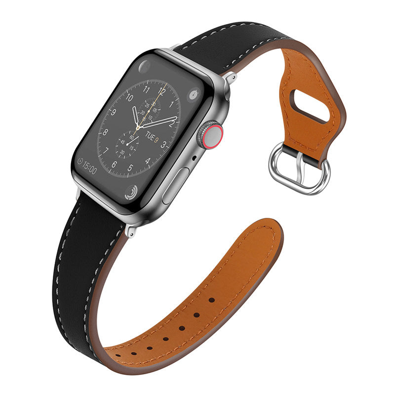 Apple Watch Strap Solid Color Leather for iWatch Series 7/SE/6/5/4/3/2/1-Black