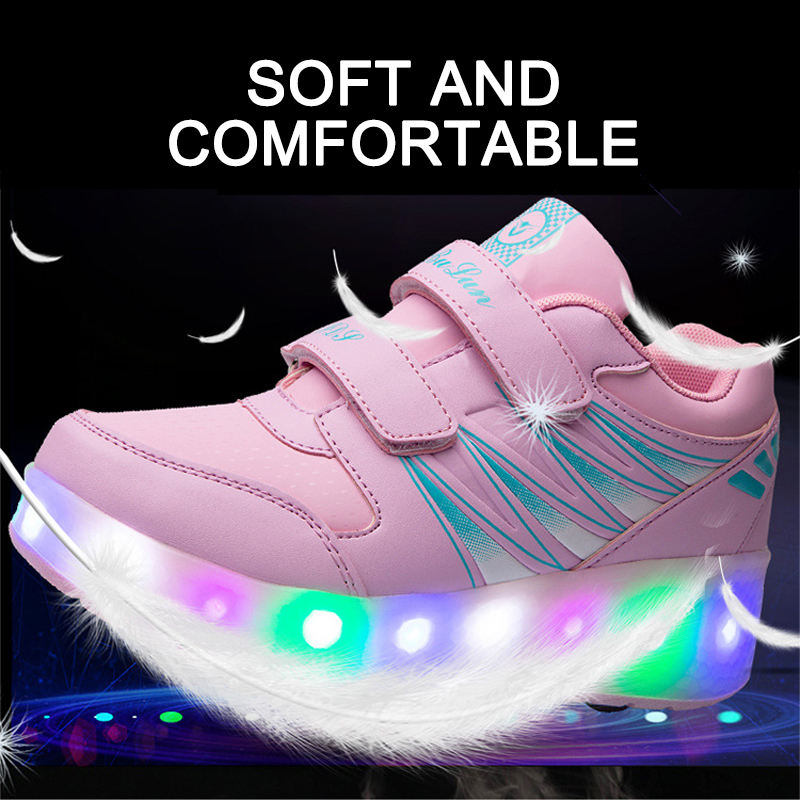 Kids Fashion Roller Shoes with Double Wheel USB Charging-Pink