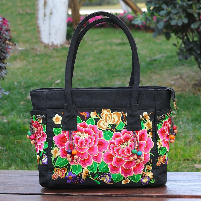 Embroidered Canvas Top Handle Handbag Ladies Casual Vintage Shoulder Bag-RedPeony