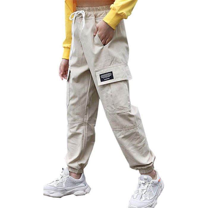 Girls Joggers Long Pants Pockets Outdoor Casual Trousers with Drawstring Multicolor-Khaki