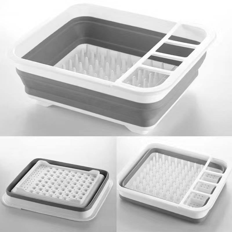 Collapsible Dish Drainer with Drainer Board Space Saving Kitchen Storage Tray -Gray
