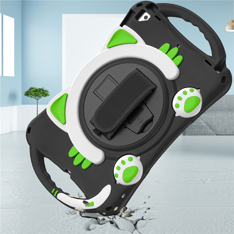 CatA iPad Silicone Case For iPad 10.2 Air10.5 Pro10.5 Built-in Handle Stand With a Strap-Black Green