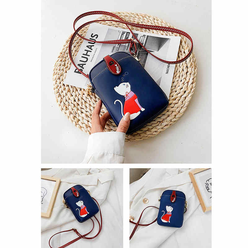 Women PU Crossbody Bag Cute Mobile Wallet-DarkBlue