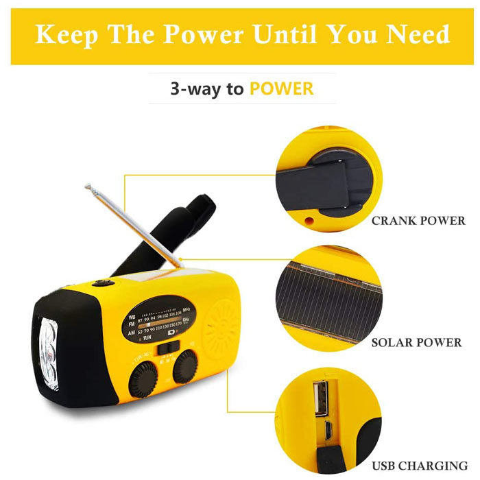 Weather Radio Hand Crank Self Powered Solar Emergency Radios With LED Flashlight-Yellow
