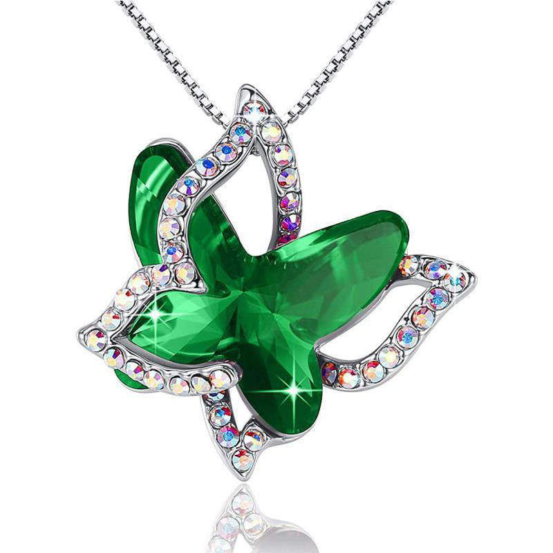 Butterfly Birthstone Crystal Pendant Necklace Gifts for Women Girls-Green