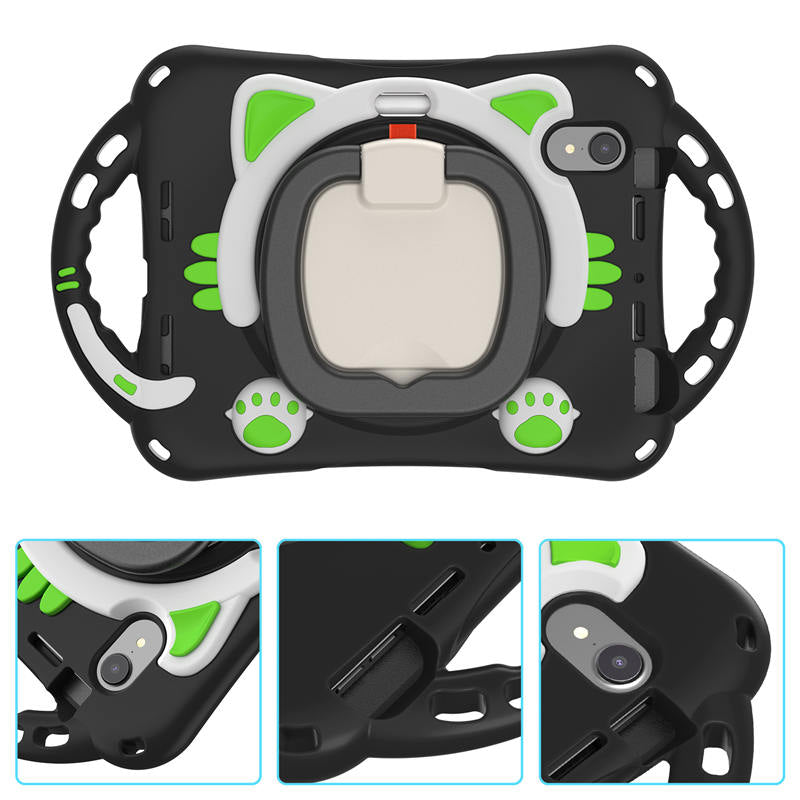 CatB Silicone Case For iPad Mini 6 Shockproof Shoulder Strap Handle Stand-Black Green
