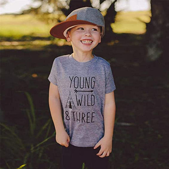 Children Young Wild Letter Print T-Shirts Fashion Short Sleeved-Gray
