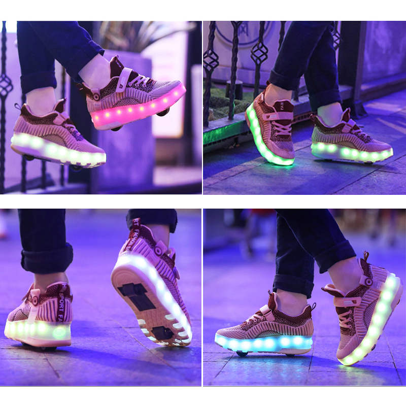 Children Double Wheels Roller Skate Shoes LED Lamp Sneakers-Pink