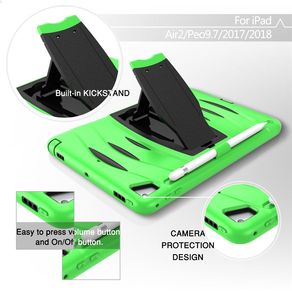Shock Wave Kickstand Case Anti-Fall Protection With Pencil Holder For 9.7inch iPad 5/iPad 6/iPad Air2/iPad Pro9.7-Green