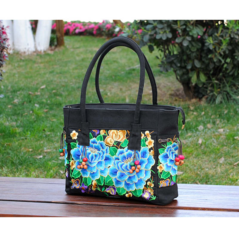 Embroidered Canvas Top Handle Handbag Ladies Casual Vintage Shoulder Bag-BluePeony