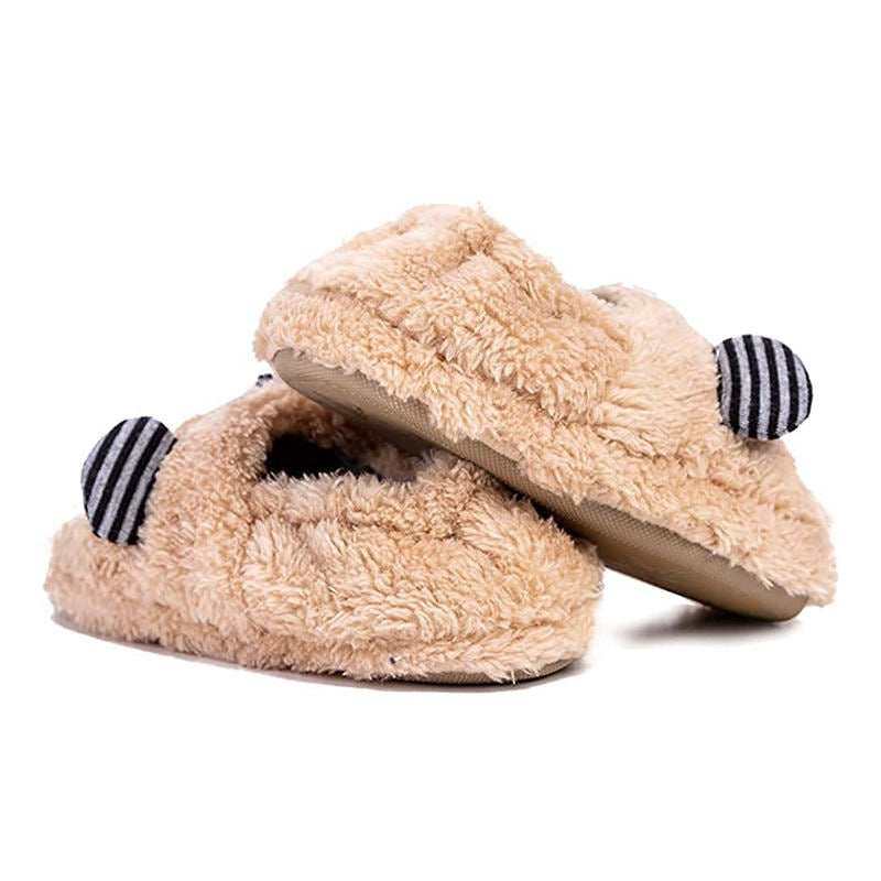 Toddler Boys Girls Slippers Cute Cartoon Bear Plush Warm Home Shoes-Beige