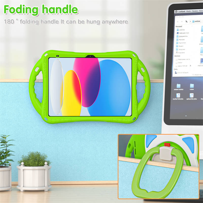 Cat Tablet Case For iPad 10th Kids Friendly with Handle Stand-Green