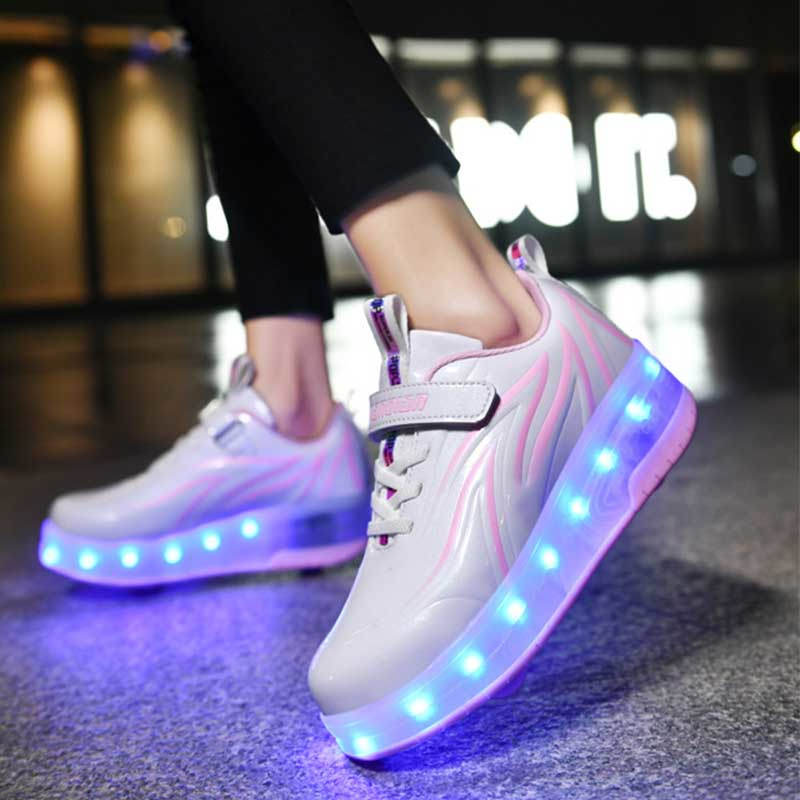 Double Wheel Roller Skate Shoes Light Up Sneakers for Boys Girls-Pink White