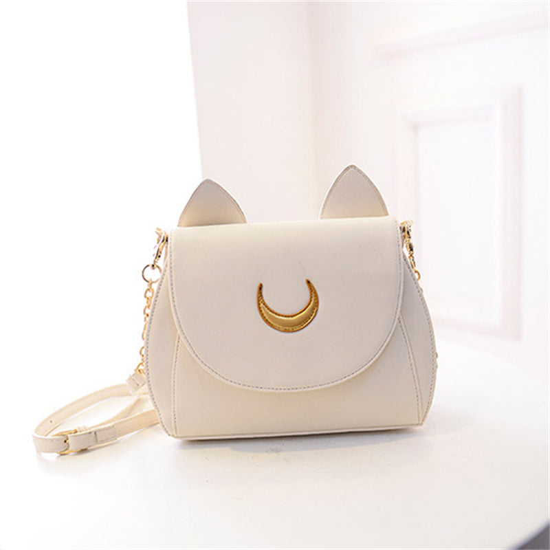 Moon Luna Cat Purses Pu Leather Shoulder Messenger Bag-White