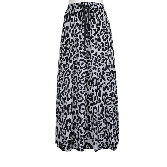 Women's Gold Velvet Fashion Leopard Printing Maxi Skirt High Elastic Shirring Waisted Dress-Light Gray