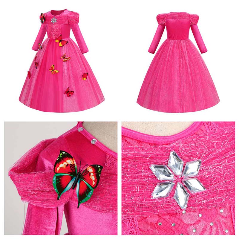 Girls Princess Dress with Accessories Butterflies Tulle Long Sleeve Gown-Pink