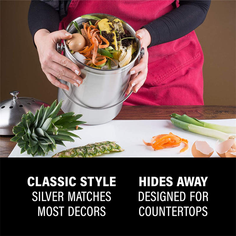 Stainless Steel Compost Bin for Kitchen Countertop Includes Charcoal Filter