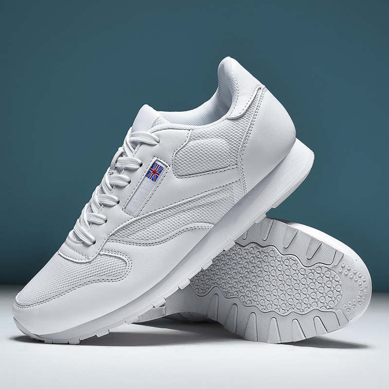 Couples Leather and Mesh Sneakers Lace up Lightweight Cushioned Sport Shoes-White