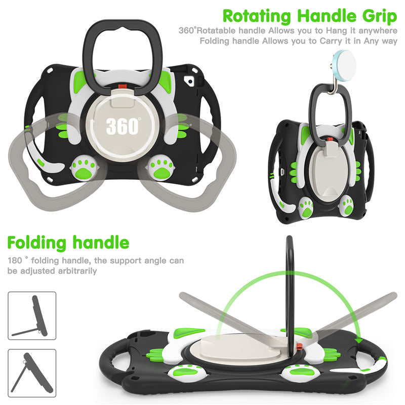 CatB Silicone Case For iPad 10.2 Air10.5 Pro10.5 Shockproof Shoulder Strap Handle Stand-Black Green
