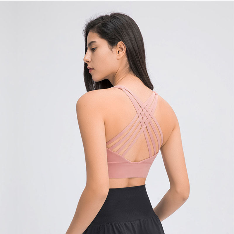 High Support Sports Bras Breathable Strappy Crisscross Back Tops-Pink