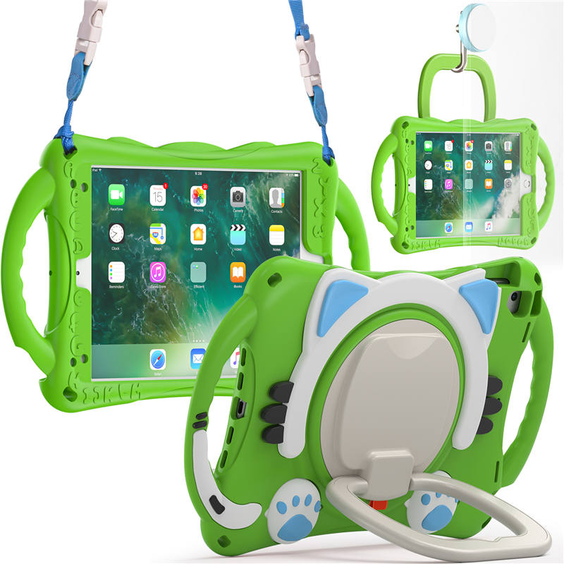 CatB Silicone Case For iPad Pro 9.7 inch Air1/2 Shockproof Shoulder Strap Handle Stand-Green