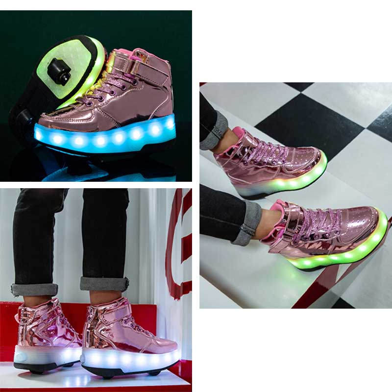 Kids Light Up Roller Skate Shoes High Top Sneakers Double Wheels-Pink