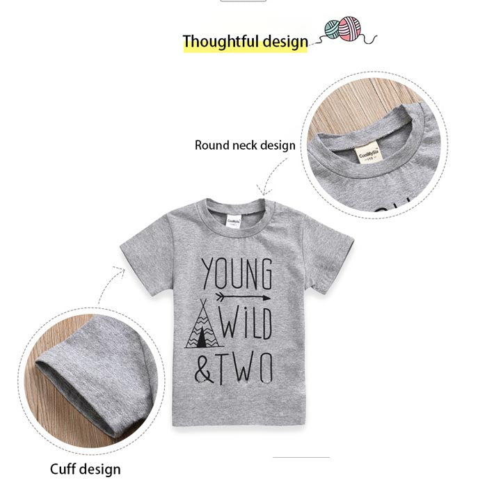 Children Young Wild Letter Print T-Shirts Fashion Short Sleeved-Gray