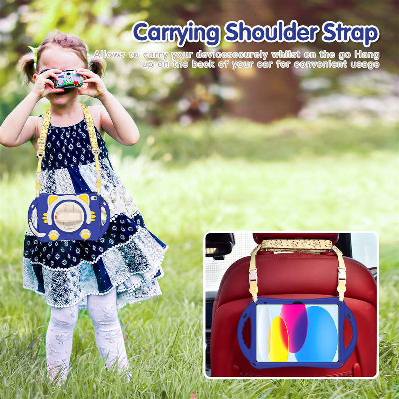 Cat Tablet Case For iPad 10th Rugged with Shoulder Strap-DarkBlue