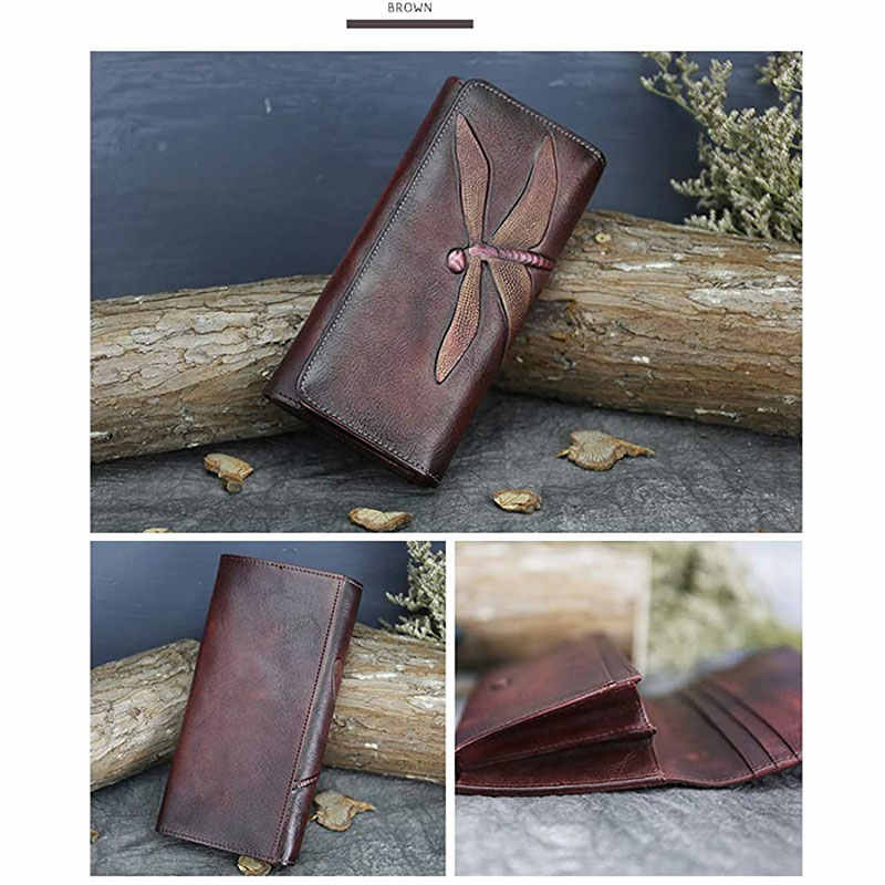 Slim Wallets for Women Embossed Dragonfly Leather Wallet Cellphone Clutch-Brown