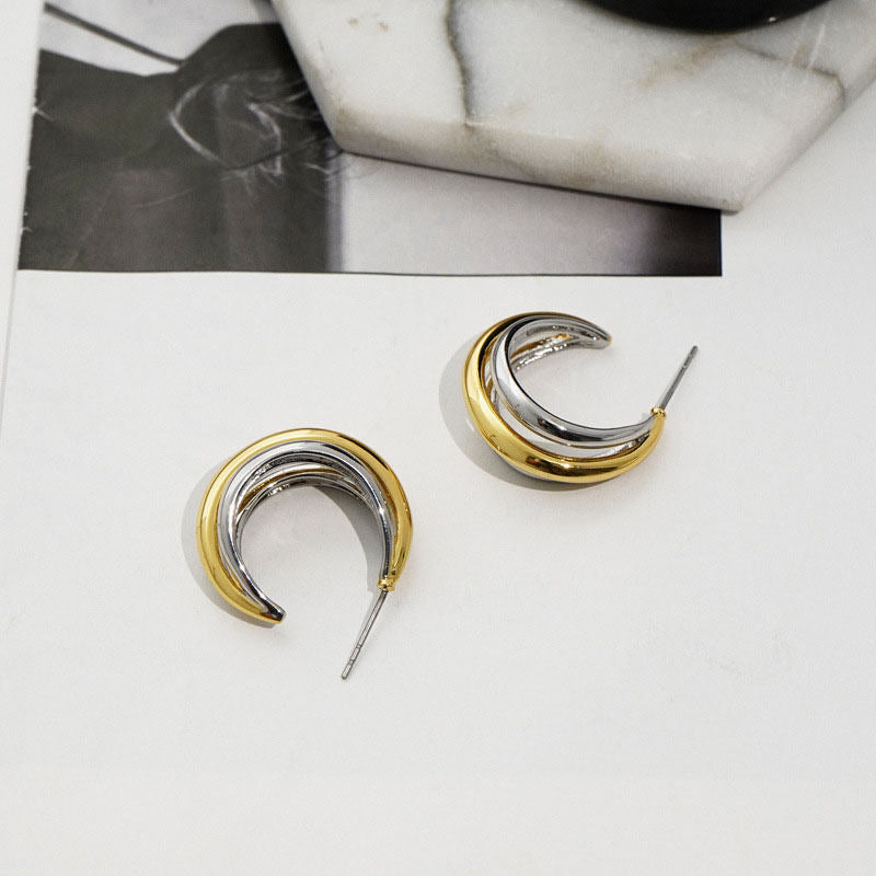 Crescent Grooved Two Tone Hoops Earrings for Women