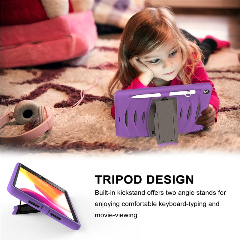 Shock Wave Kickstand Case Anti-Fall Protection With Pencil Holder+Cap For New iPad 7 10.2inch(2019)-Purple