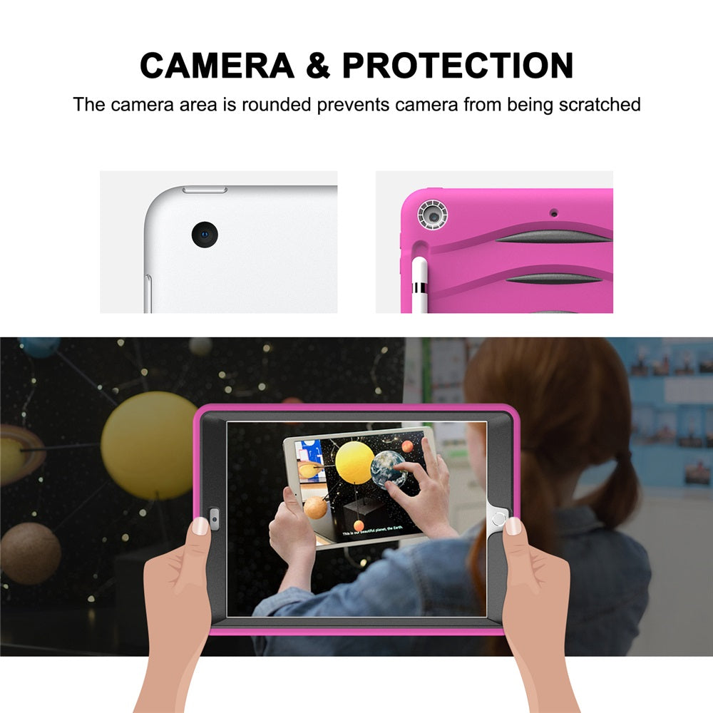 Shock Wave Kickstand Case Anti-Fall Protection With Pencil Holder+Cap For New iPad 7 10.2inch(2019)-Rose Red