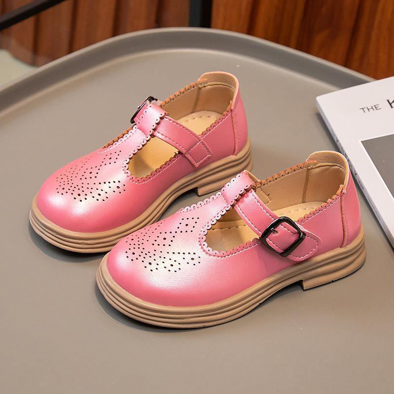 Toddlers Girls Brogues Shoes T-Strap Hook & Loop Retro Flats-Pink